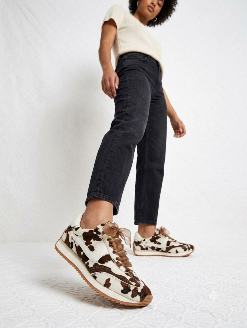 Dolce Vita Women's Cowhide-Pattern Lace-Up Sneakers in Brown and White
